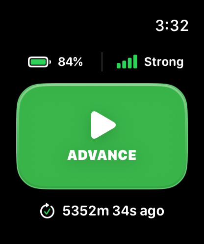 Apple Watch showing battery, signal, and a large green ADVANCE button