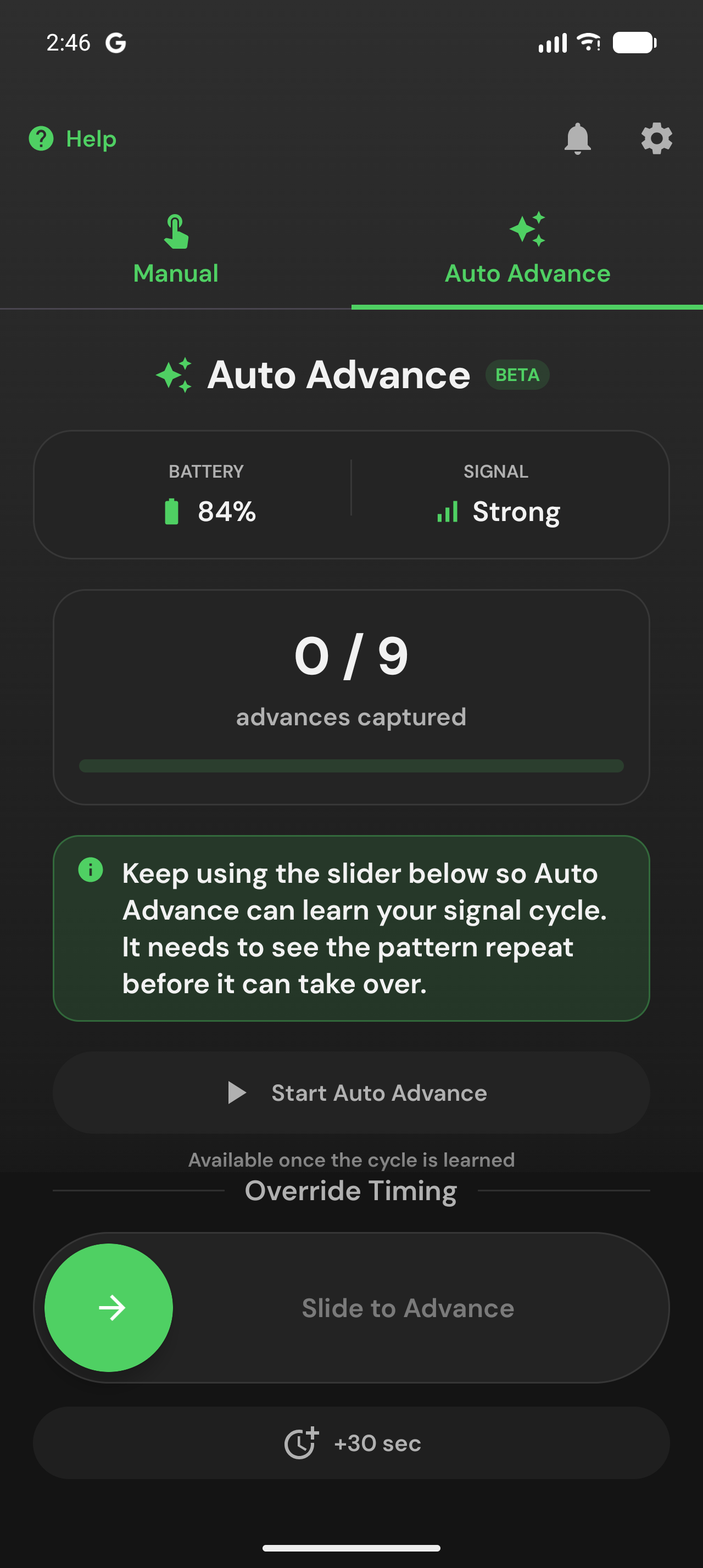 Auto Advance tab in its learning state with an advances-captured counter