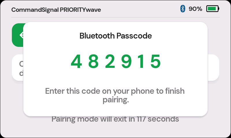 Bluetooth Passcode pop-up showing a 6-digit code to enter on the phone