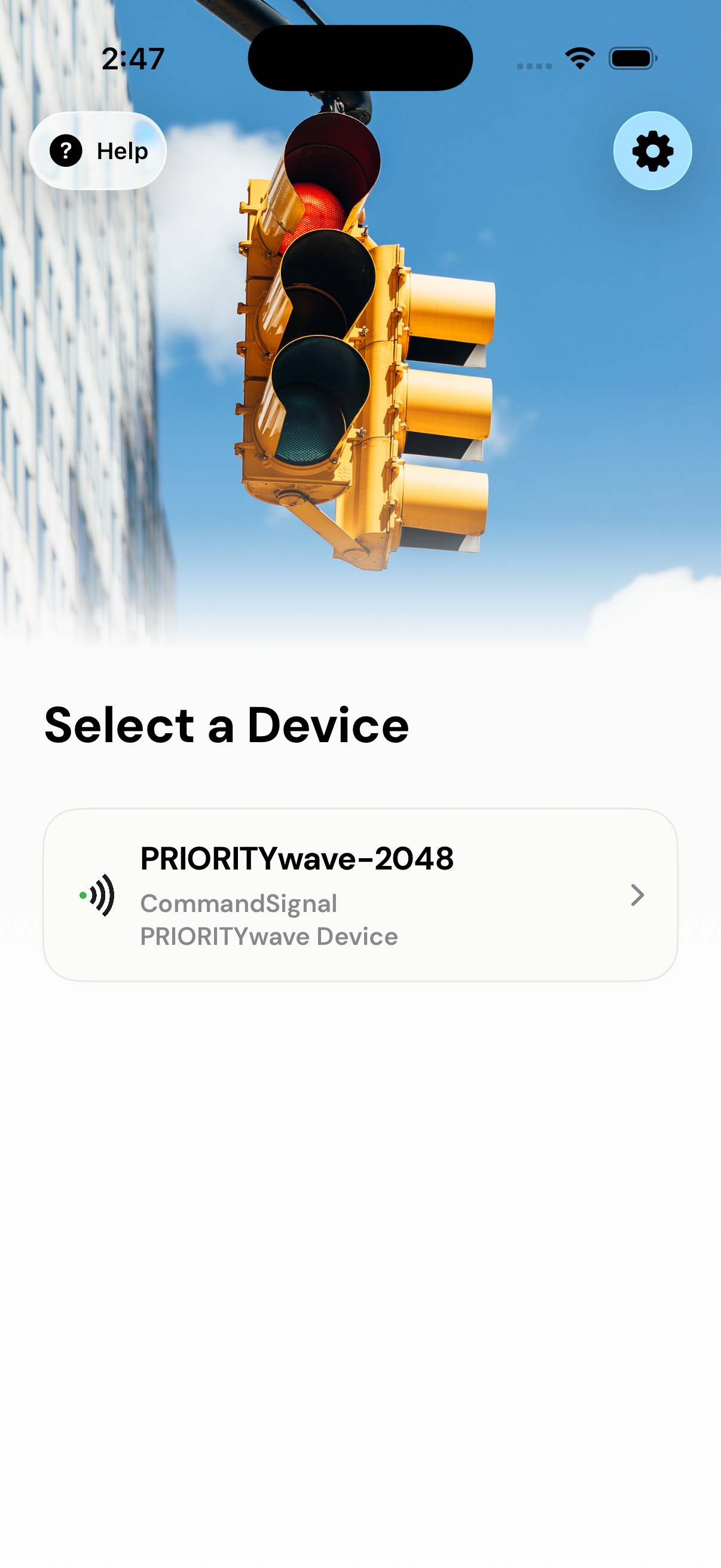 Select a Device screen with a discovered PRIORITYwave receiver