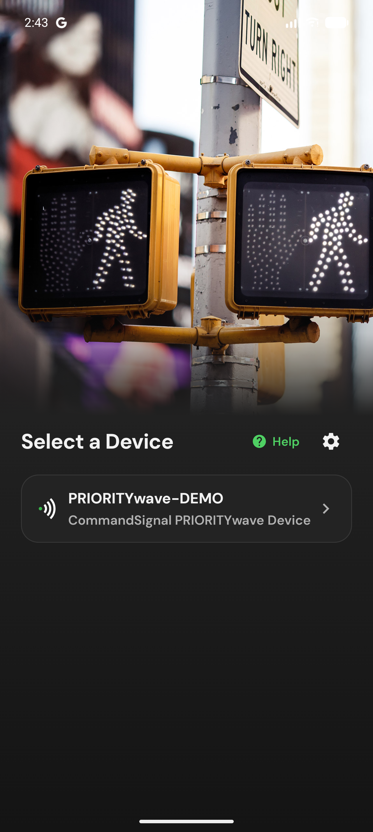 Select a Device screen showing a discovered PRIORITYwave receiver