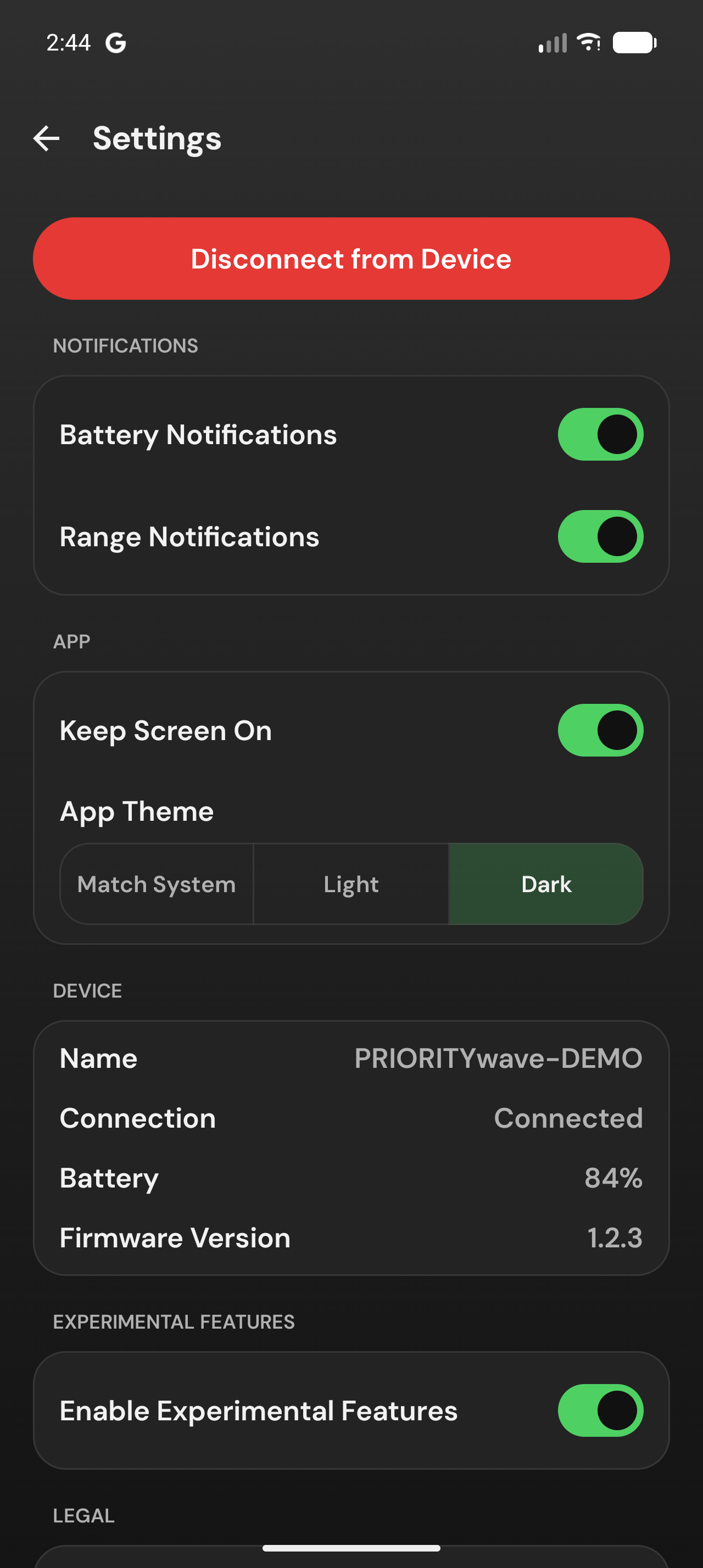 App Settings screen on Android showing notifications, app theme, and device sections