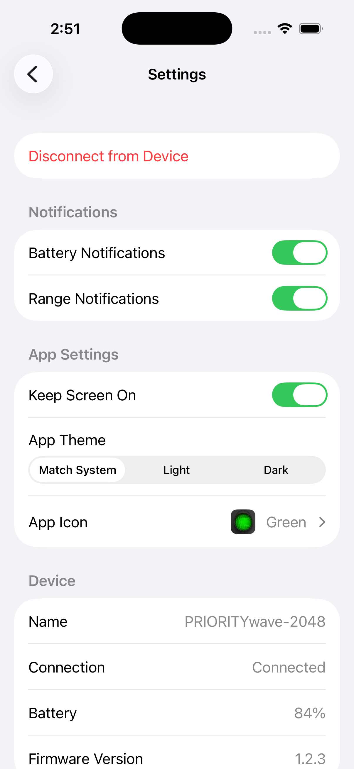 App Settings screen on iPhone showing notifications, app theme, and device sections