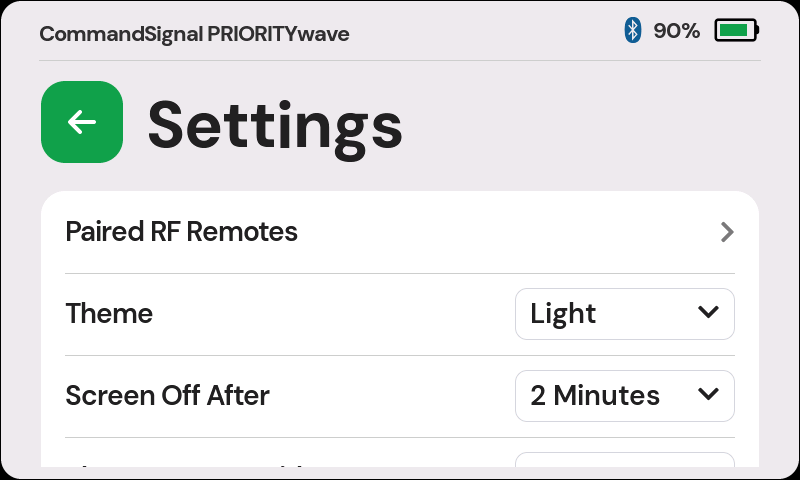 PRIORITYwave Settings screen